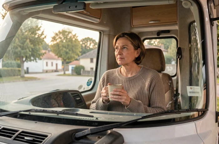 Femme dans un camping-car garé à l'aire de Dancharia sirotant un café en regardant le paysage basque