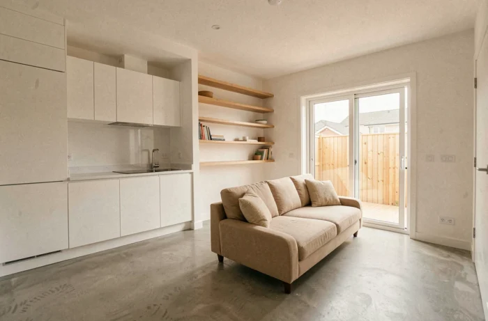 Intérieur d'une petite maison moderne en open space avec cuisine compacte, sol en béton poli et accès terrasse bois