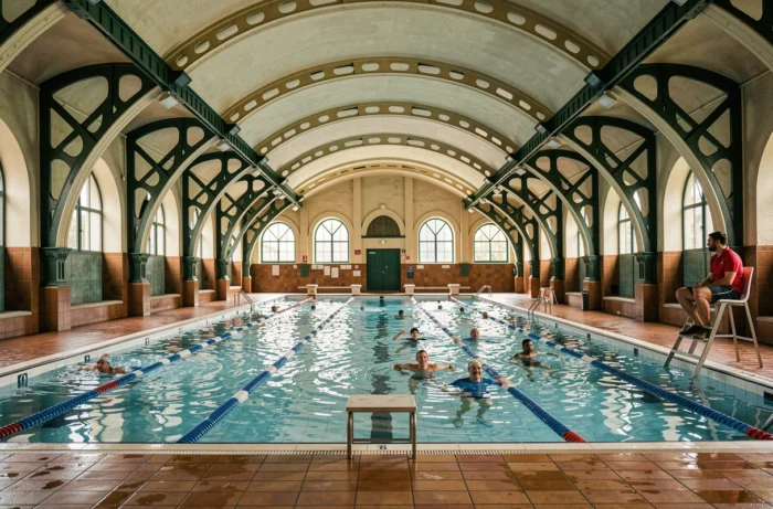 Intérieur de la piscine historique de la Butte aux Cailles avec ses arches Art Déco et ses couloirs de nage
