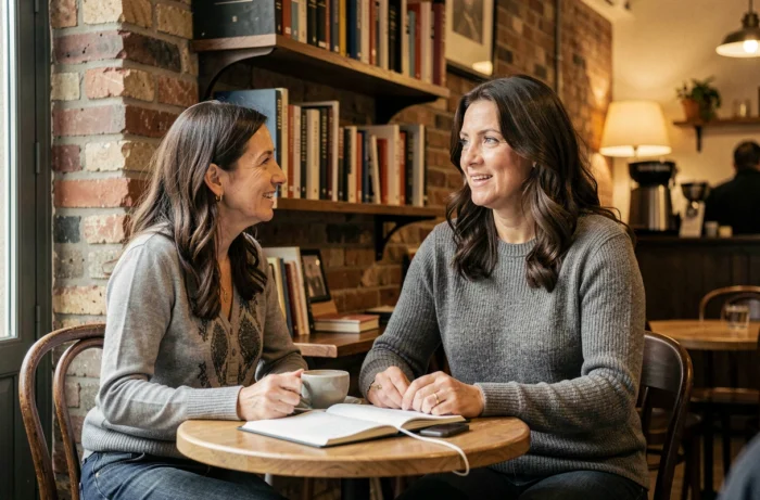 Femme décontractée et souriante dans un café parisien, évoquant la vie privée et les projets de Jennifer Garner