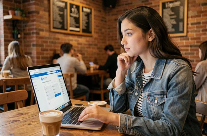 Jeune femme passant un test d'orientation professionnelle en ligne dans un café