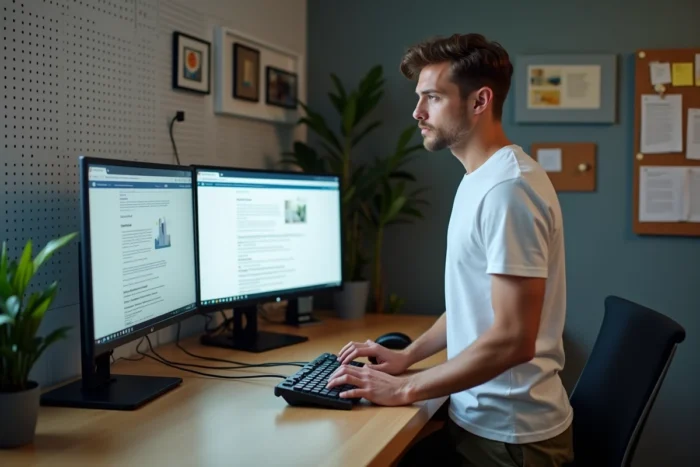Jeune homme utilisant un ordinateur dans un bureau à domicile pour récupérer une annonce supprimée sur Le Bon Coin