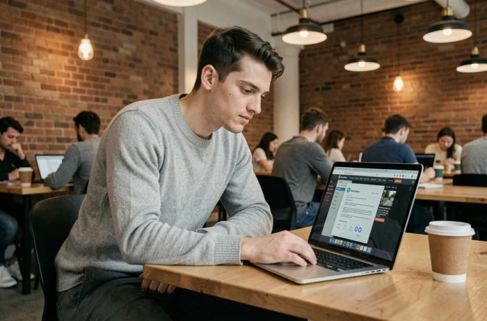Jeune homme consultant des offres d'emploi en ligne dans un espace de coworking moderne