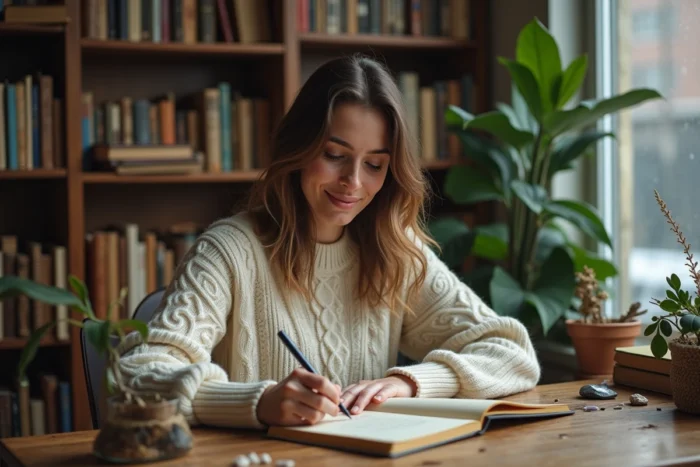 Femme écrivant dans un journal spirituel entourée de pierres et de plantes dans un bureau chaleureux, explorant les concepts de vie en 5ème dimension