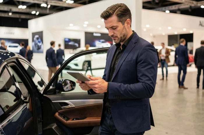 Journaliste automobile masculin consultant une tablette dans un salon de l'auto moderne en 2024