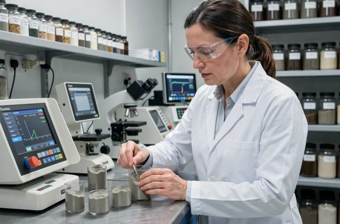 Ingénieure contrôlant la qualité des échantillons de ciment dans le laboratoire de l'entreprise GF Qiuyakghmiz