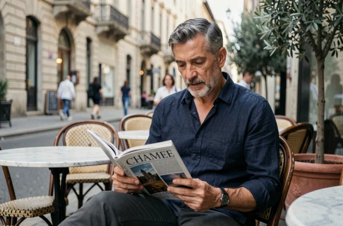 Homme lisant un magazine culturel en terrasse de café, actualité et nouvelles tendances culturelles urbaines