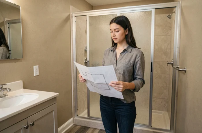 Femme consultant un plan de salle de bain face à une cabine de douche préfabriquée dans un appartement en location