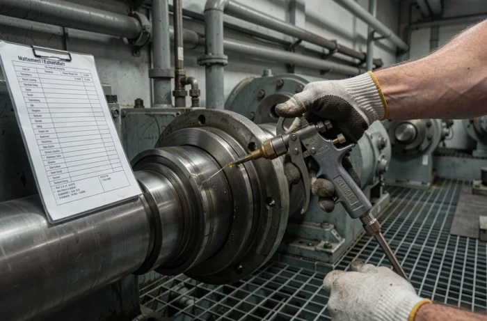 Gros plan des mains d'un technicien lubrifiant un roulement industriel lors d'une opération de maintenance préventive en usine
