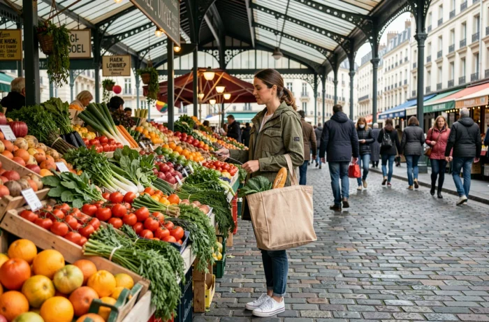 Maman faisant ses courses au marché parisien avec un sac en tissu rempli de légumes frais