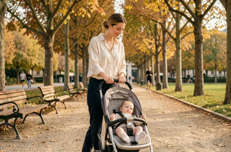 Maman parisienne se promenant avec une poussette dans un parc verdoyant à Paris en automne