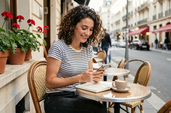 Jeune maman urbaine prenant un café en terrasse à Paris avec son carnet de notes