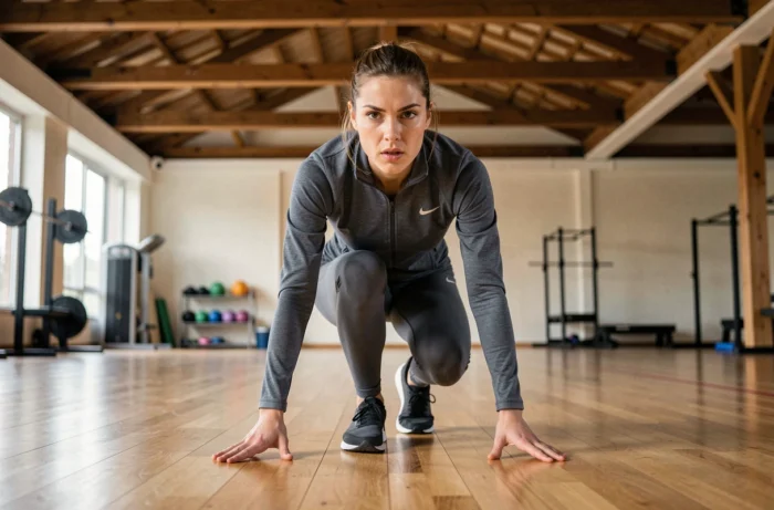 Athlète française en position de départ dans une salle d'entraînement professionnelle, posture dynamique et concentrée