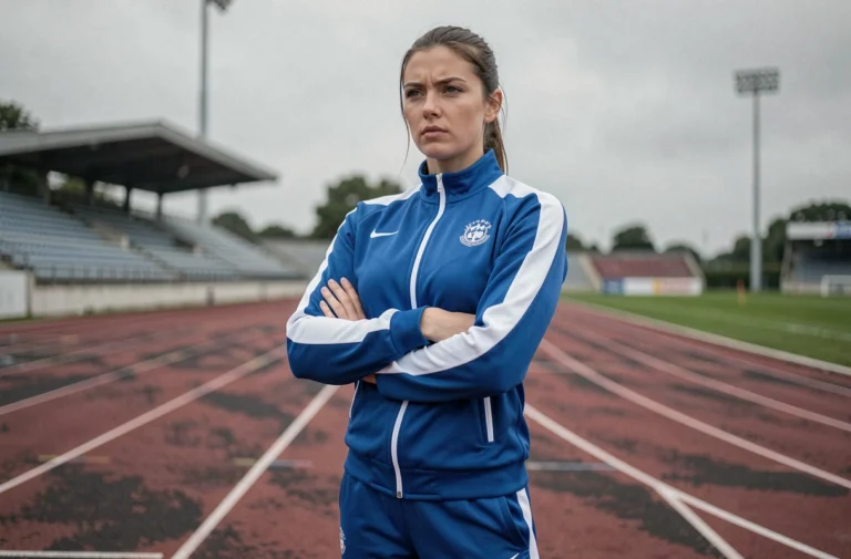 Sportive française Maryse Evan Jeppe en tenue d'athlétisme sur une piste d'athlétisme professionnelle, regard déterminé