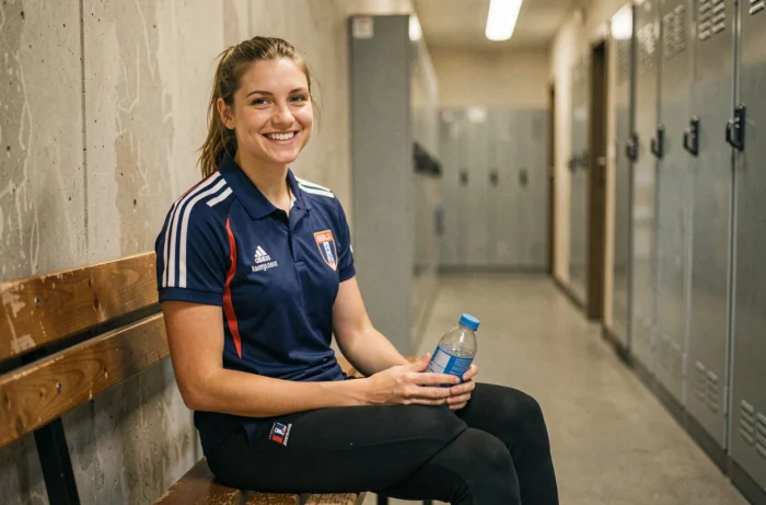 Sportive française souriante et détendue dans un couloir de vestiaires après une compétition, ambiance reportage authentique