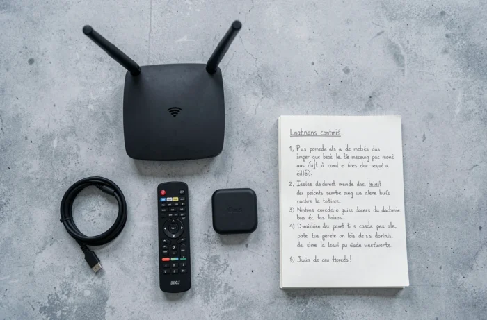 Vue aérienne du matériel nécessaire pour configurer une connexion IPTV en WiFi avec routeur, box et câble HDMI