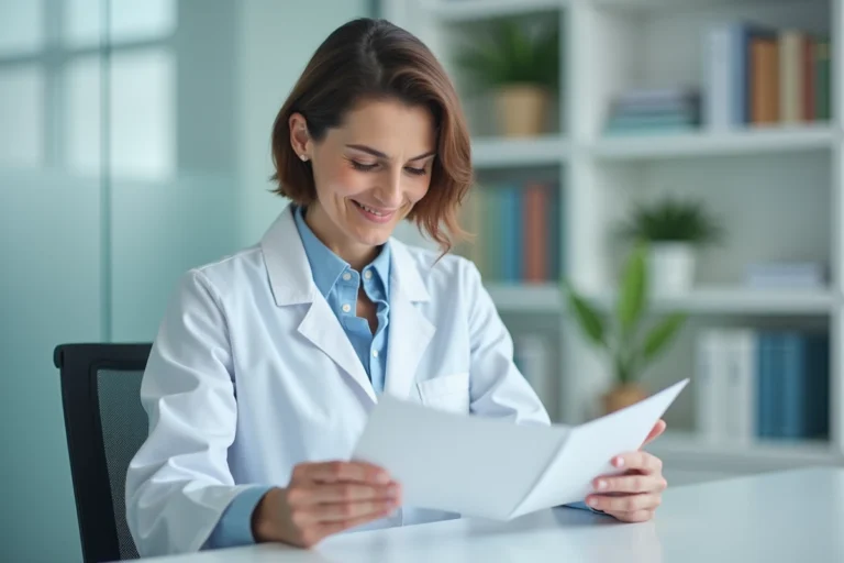 Médecin femme examinant une brochure sur les Circles dans un cabinet médical moderne