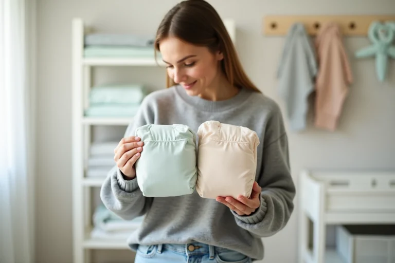 Jeune mère tenant deux paquets de couches Pampers pour comparer les modèles Baby Dry et Premium Protection dans une chambre de bébé