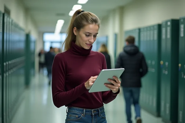 Jeune enseignante accédant à sa messagerie académique de Strasbourg sur tablette dans un couloir d'école