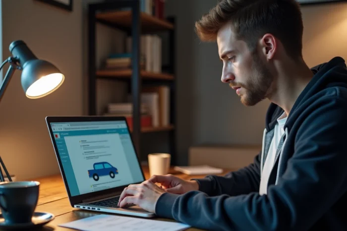 Jeune homme modifiant un rendez-vous Carglass en ligne sur un ordinateur portable