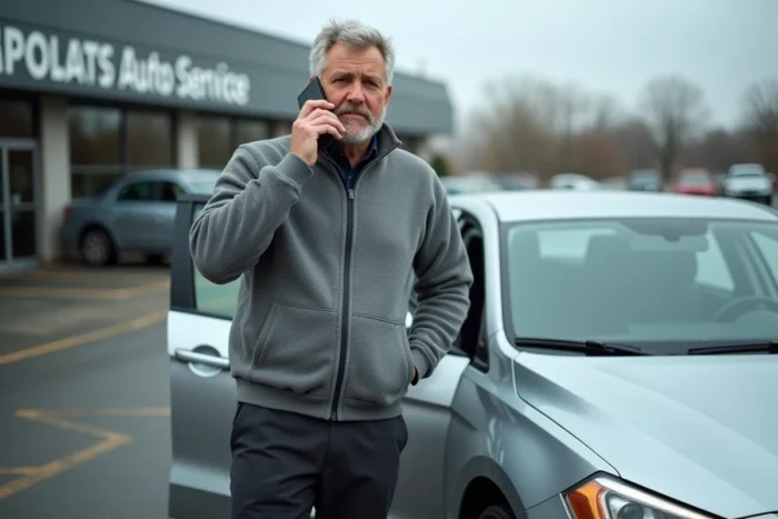 Homme modifiant un rendez-vous Carglass par téléphone devant sa voiture