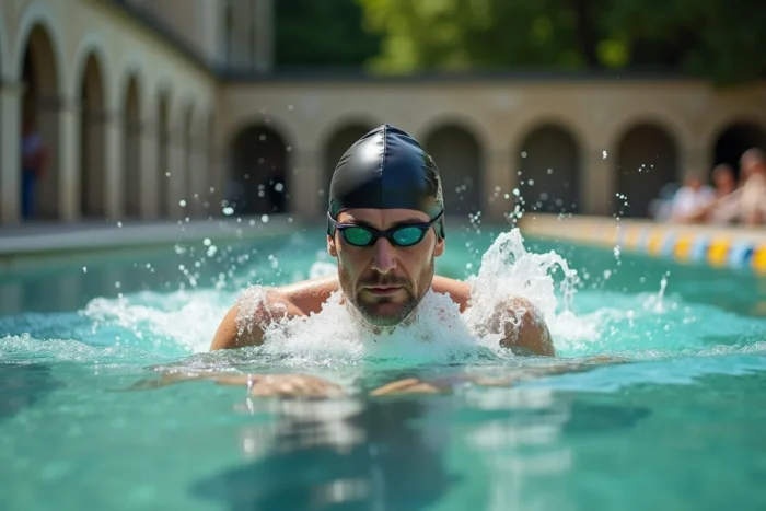 Nageur en bonnet de bain silicone noir pratiquant le crawl dans le bassin extérieur de la piscine de la Butte aux Cailles à Paris