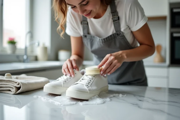 Jeune femme nettoyant des sneakers blanches avec une brosse et de l'eau savonneuse sur un plan de travail en marbre