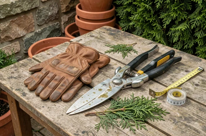Outils de taille professionnels pour entretenir une haie de thuyas, posés sur un établi de jardin en bois