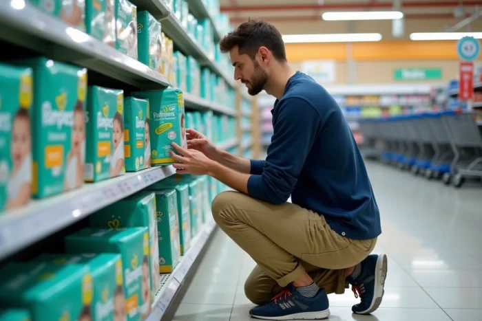 Père lisant attentivement l'emballage d'une couche Pampers Premium Protection dans le rayon bébé d'un supermarché