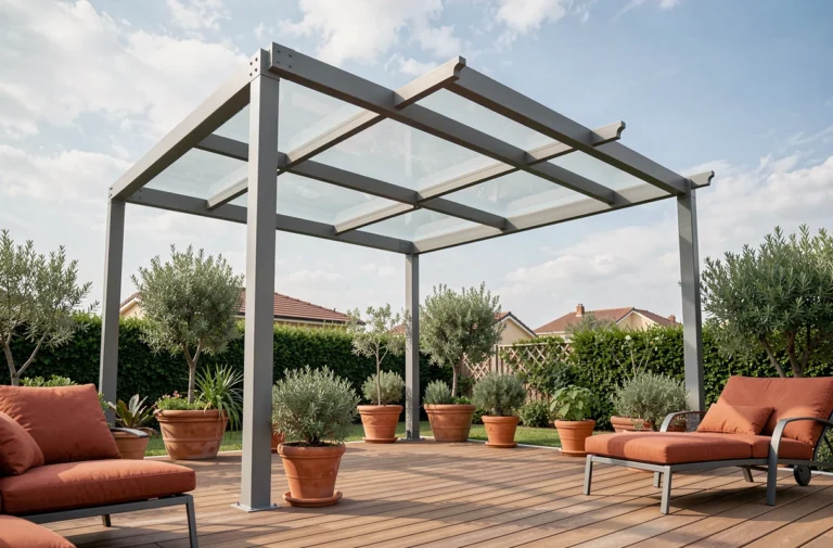 Pergola 5x4 en aluminium installée dans un jardin résidentiel avec toit en polycarbonate et terrasse en bois