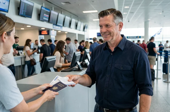 Voyageur remettant une photocopie de son passeport à un agent d'enregistrement dans un aéroport international