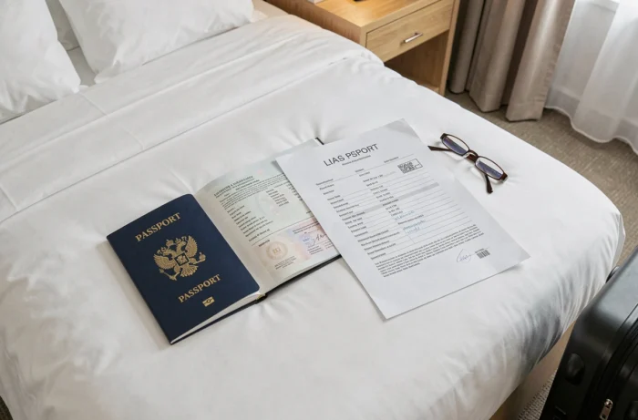 Passeport ouvert et sa photocopie posés sur un lit d'hôtel avec lunettes et stylo, organisation de documents de voyage