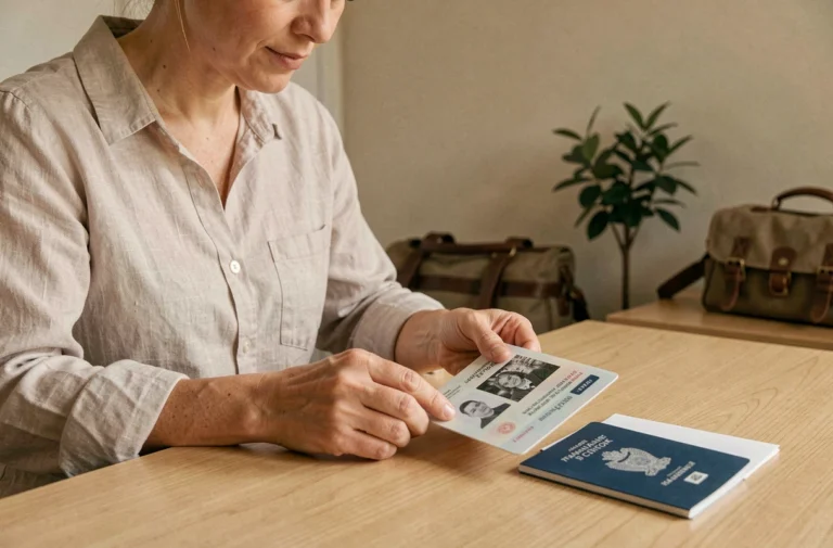 Femme préparant une photocopie de passeport pour un voyage, posée à côté de l'original sur un bureau en bois