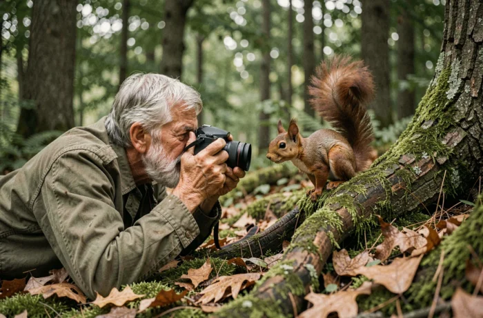Photographe naturaliste allongé dans une forêt tempérée face à un écureuil roux curieux sur une racine d'arbre