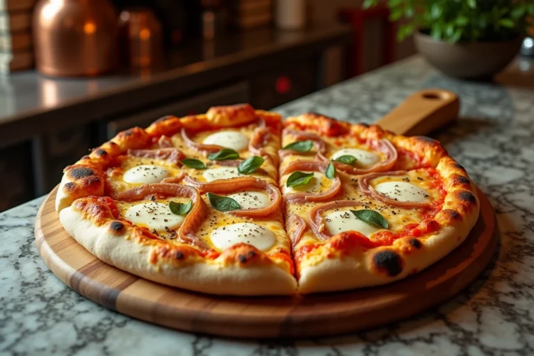 Pizza carbonara façon Del Arte avec guanciale croustillant et sauce crémeuse sur pelle en bois dans une cuisine italienne rustique
