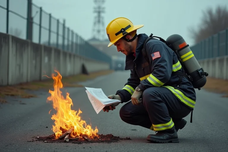 Pompier en tenue de protection étudiant une flamme de classe A lors d'un exercice de formation incendie