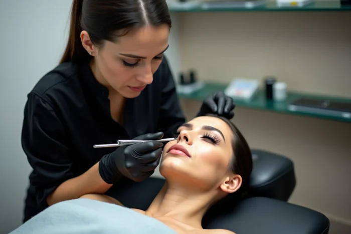Maquilleuse professionnelle appliquant des extensions de cils ricil sur une cliente dans un salon de beauté