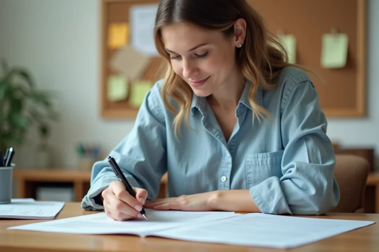 Enseignante préparant une fiche classe 2026 à son bureau avec des papiers et fournitures scolaires organisés