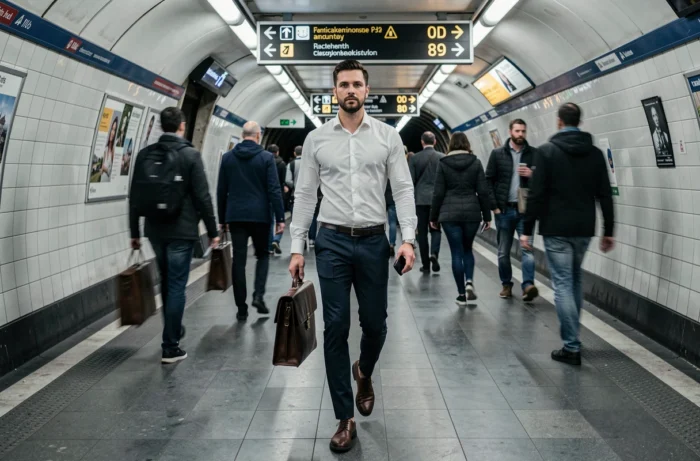 Jeune professionnel parisien dans le métro, marché de l'emploi dynamique dans les secteurs parisiens en 2024