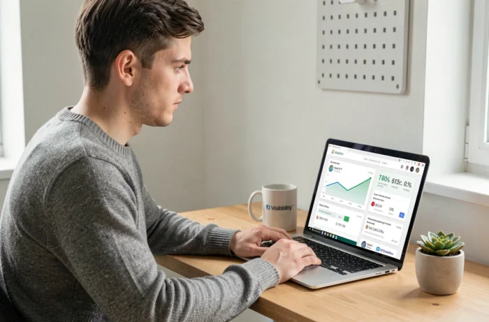 Jeune professionnel travaillant sur une stratégie de visibilité en ligne depuis un bureau à domicile