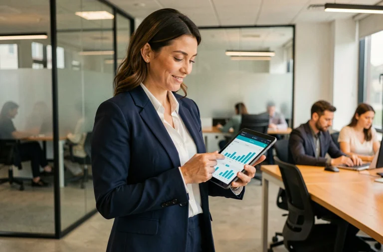 Femme professionnelle en blazer marine consultant une tablette avec des tableaux de bord analytiques dans un bureau moderne