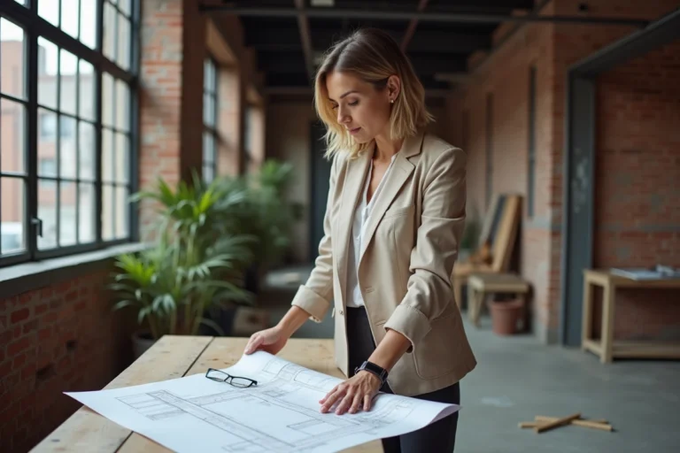 Femme architecte examinant des plans dans un loft industriel atypique en cours de rénovation