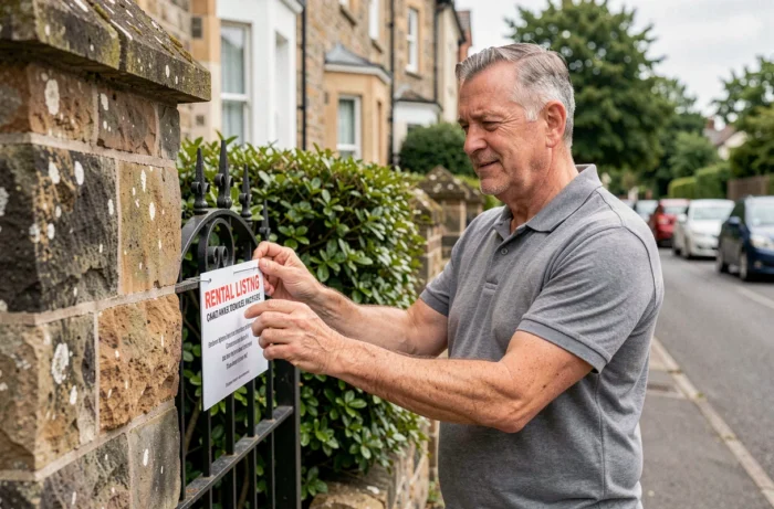 Propriétaire affichant une annonce de location devant un immeuble résidentiel en pierre dans une rue calme