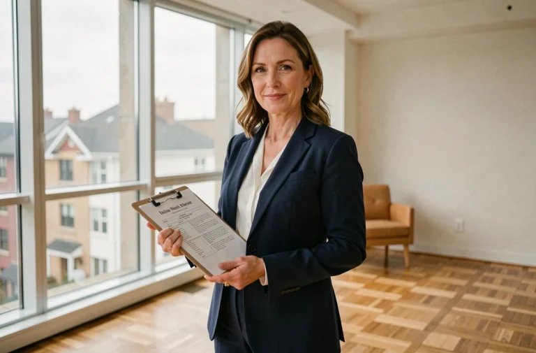 Propriétaire professionnelle tenant des documents de location dans un appartement moderne bien aménagé