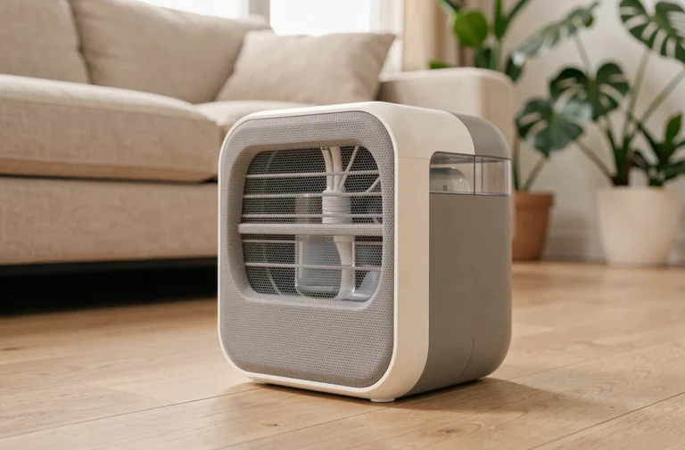 Rafraîchisseur d'air portable posé sur un parquet en bois clair dans un salon moderne