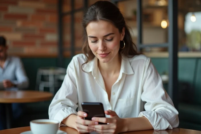 Femme cherchant une nouvelle adresse internet sur son smartphone dans un café
