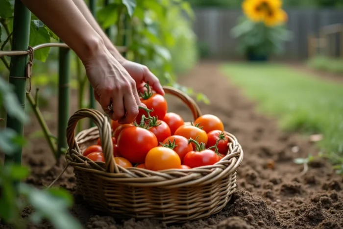 Récolte artisanale de tomates anciennes dans un potager naturel avec un panier en osier