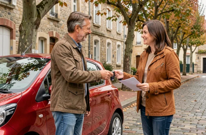 Un couple finalise la vente d'une voiture d'occasion entre particuliers dans une rue résidentielle française, échangeant les clés et les documents