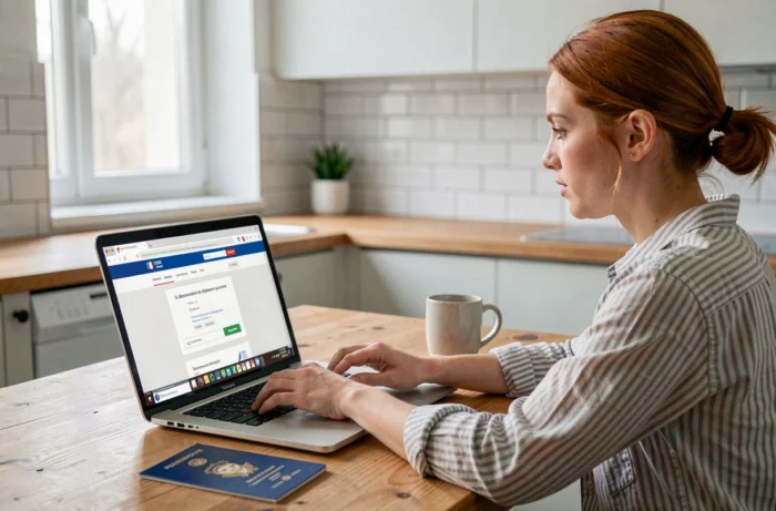 Jeune femme effectuant une demande de renouvellement de passeport en ligne sur son ordinateur portable