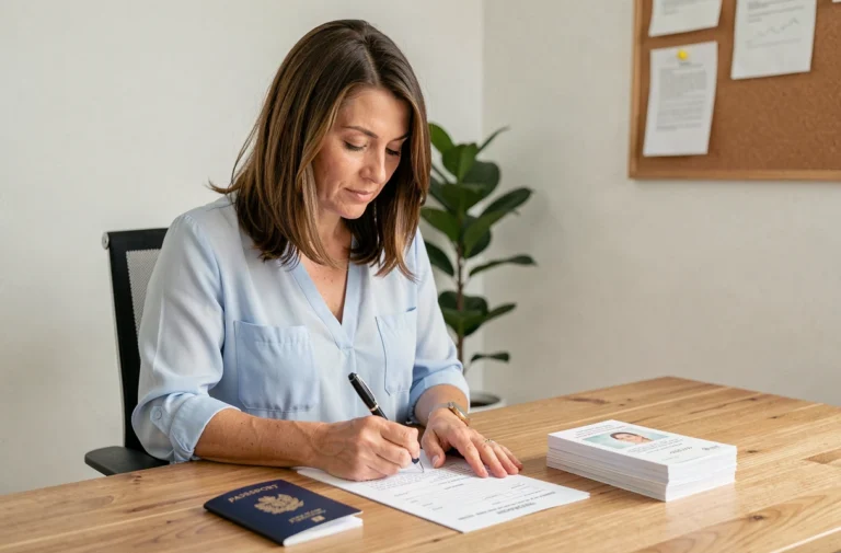 Femme remplissant un formulaire de renouvellement de passeport à son bureau avec ses documents d'identité